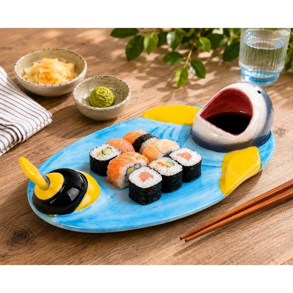 Bee Shark Ceramic Sushi Charcuterie Platter Sauce Bowl Chopstick Rest 12”